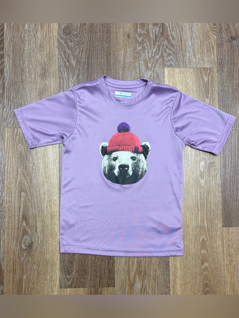 Columbia Kids Lavender Tee with Bear in Red Beanie